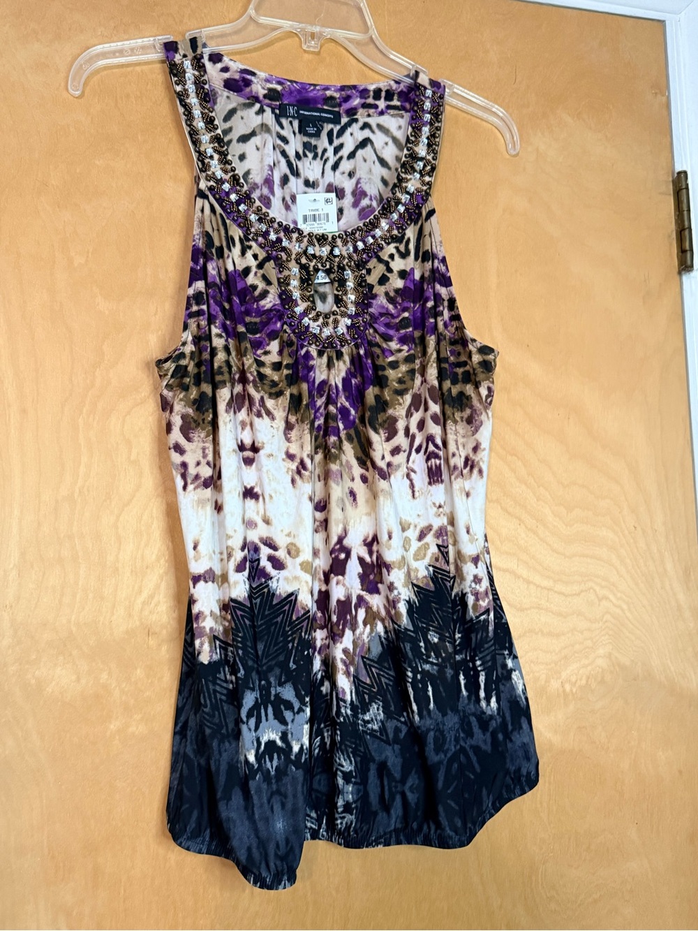 INC International Concepts Purple, Black & Cream Beaded Sleeveless Tank